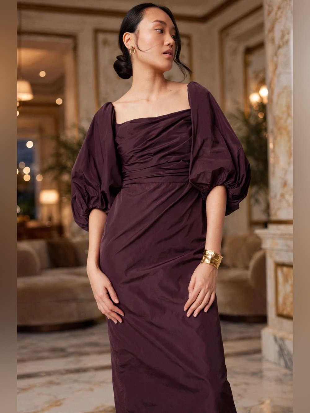 Tanya Taylor Charlotte dress Elegant Puff-Sleeve Midi Dress in Deep Plum size 10 - Picture 4 of 12